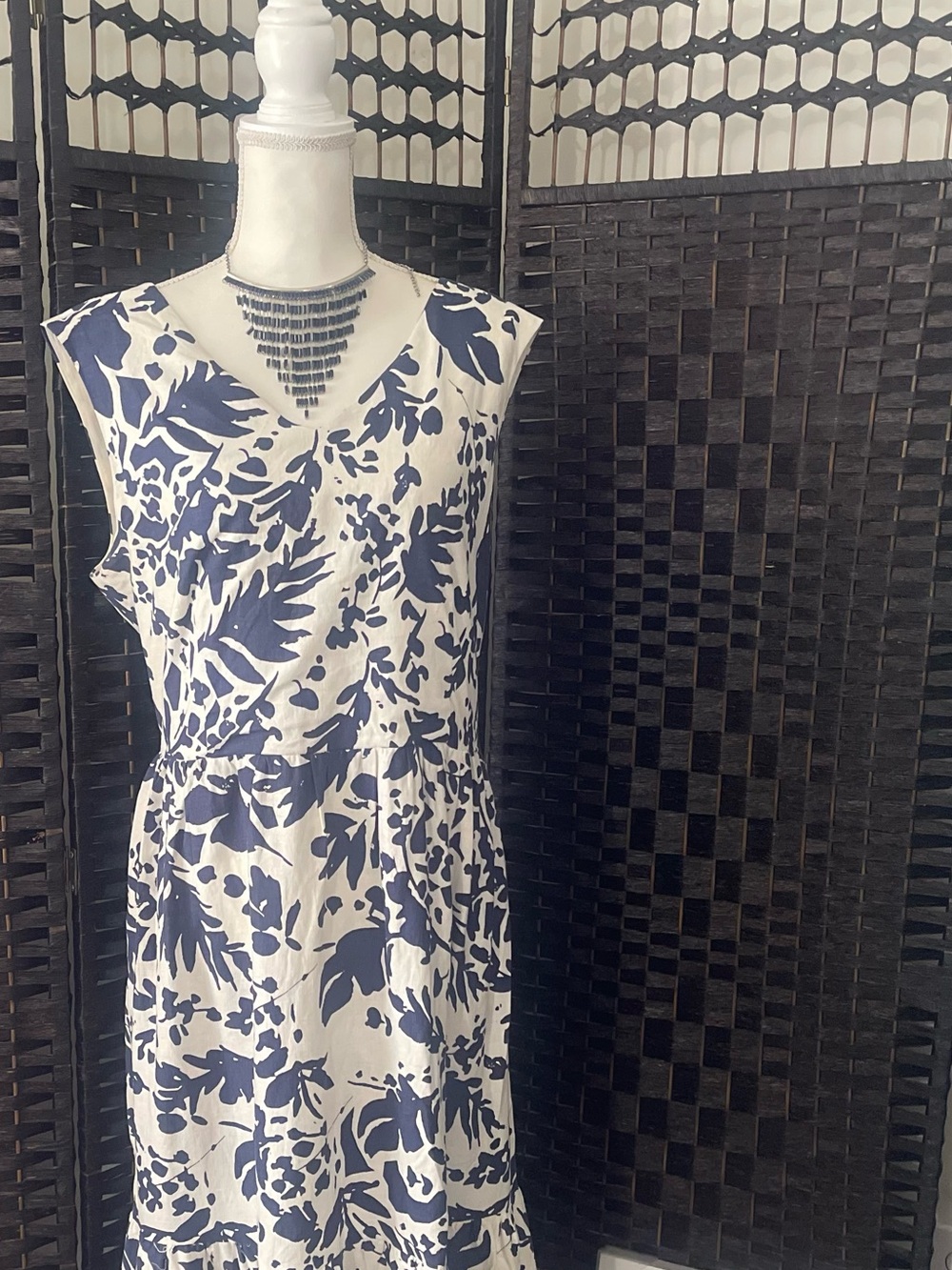 Magaschoni Navy and White Floral V-Neck Maxi Dress